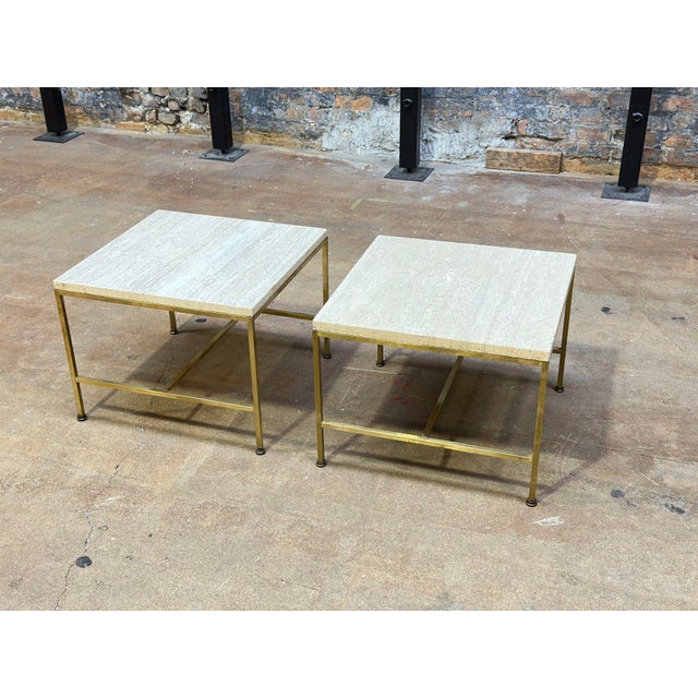 Mid-Century Modern Pair Paul McCobb Brass Frame Side/End Table Travertine Top, 1960 For Sale - Image 3 of 9