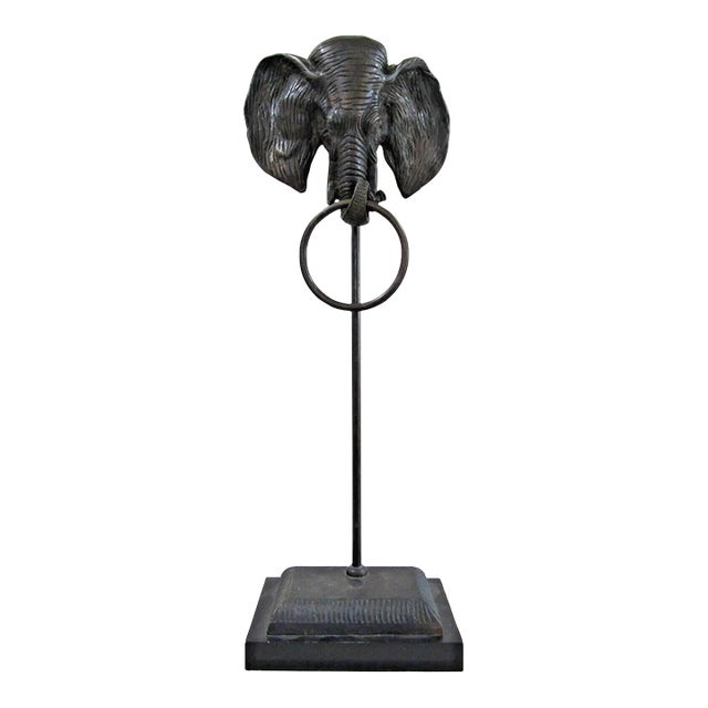 Vintage Bronze Elephant Head With Ring Towel Holder on Stand For Sale