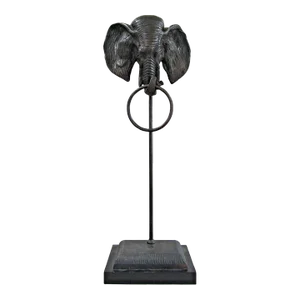 Vintage Bronze Elephant Head With Ring Towel Holder on Stand