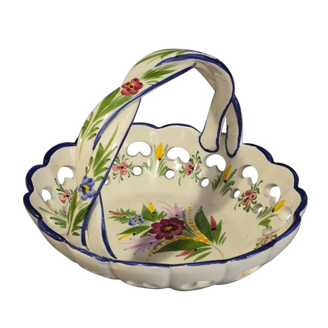 Green Vintage Portugal Hand-Painted Floral Basket Heart Open Work Braided Handle Made for Lord & Taylor For Sale - Image 8 of 8