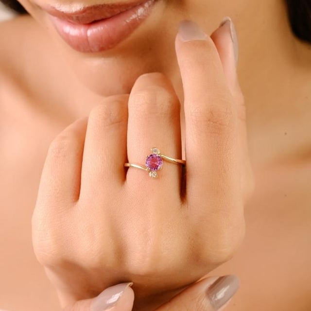 Pink 14k Gold Natural Pink Sapphire Bypass Diamnd Three Stone Promise Ring Size 5 For Sale - Image 8 of 16