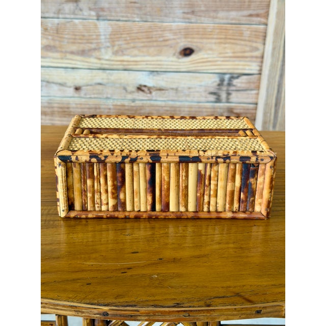 Coffee Vintage Tortoiseshell Bamboo & Woven Rattan Tissue Box Cover For Sale - Image 8 of 11