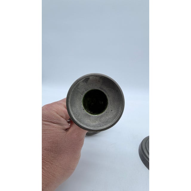 Light Gray Antique Pair of American Pewter Candlesticks With Push Up Rods, Circa 1820s–1830s For Sale - Image 8 of 12