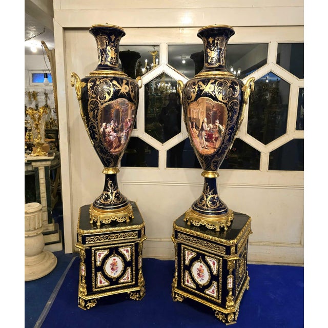 Blue Sevres-Style Midnight Blue Porcelain Vase on Pedestal With Gold Leaf Details & French Court Scenes For Sale - Image 8 of 9