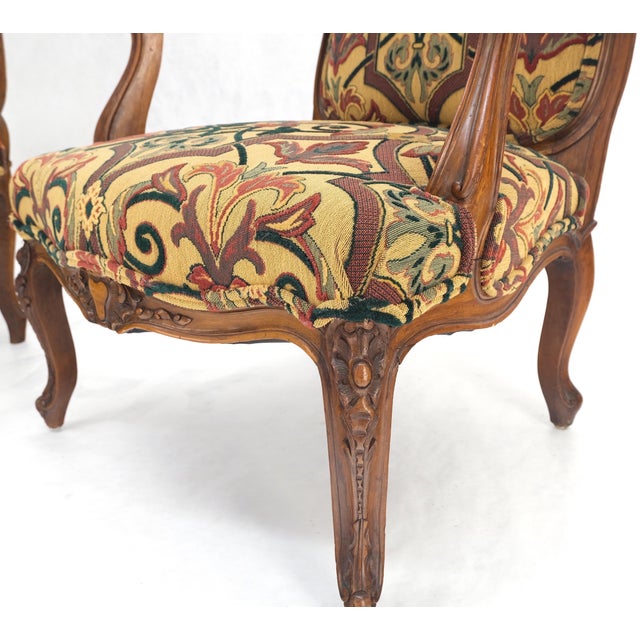 Pair of His & Hers Finely Carved Walnut Country French Lounge Armchairs Tapestry For Sale - Image 6 of 16