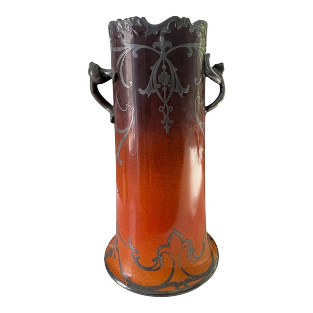 Antique Art Nouveau Warwick Pottery Silver Overlay Vase For Sale