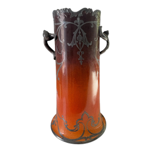 Antique Art Nouveau Warwick Pottery Silver Overlay Vase