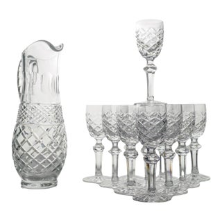 Vintage Crystal Pitcher & Cordial Glasses Set - 12 Pcs) For Sale