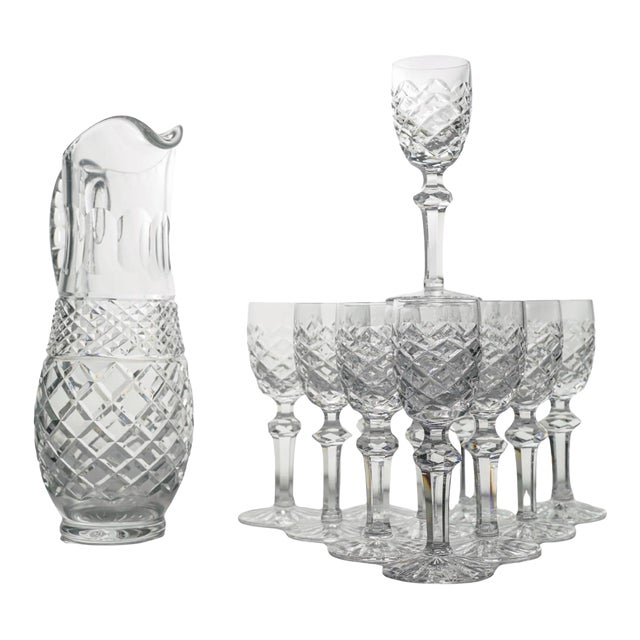 Vintage Crystal Pitcher & Cordial Glasses Set - 12 Pcs) For Sale