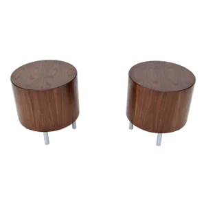 Mid-Century Modern Style Kimball Villa Round Walnut Wood Drum Side Tables a Pair
