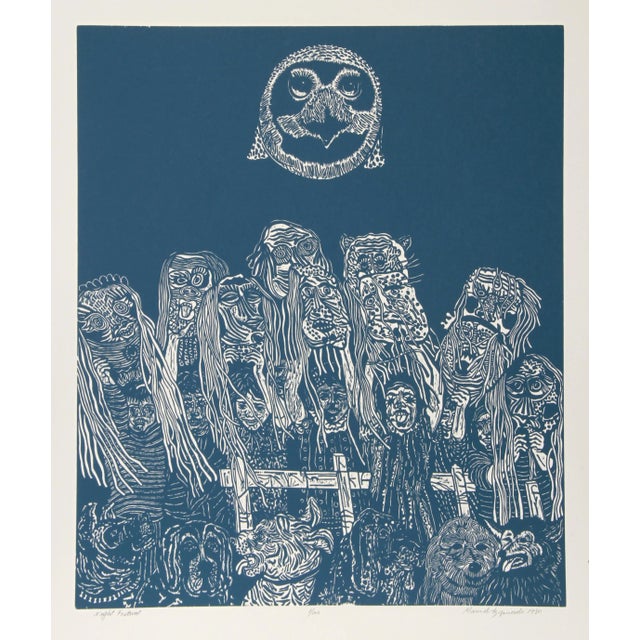 Abstract Manuel Izquierdo, "Night Festival", Surreal Woodcut For Sale - Image 3 of 3