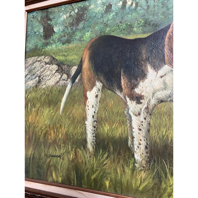 Wood 1950’s Original Large Dog Painting of Foxhound Baying Wood-Lined Field Signed Original Frame For Sale - Image 7 of 7