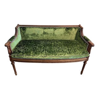 Antique Louis XVI Emerald Green Silk Velvet Sofa Settee For Sale