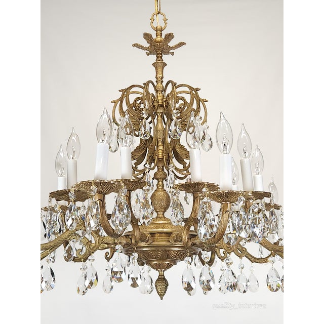 Antique Opulent Brass Cut Lead Crystal Chandeliers 30 Wide ~ Pair Available For Sale - Image 4 of 5