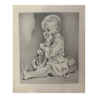 1940s Original Signed Graphite Illustration of Baby Hugging Puppy, 12 I× 10 In. For Sale