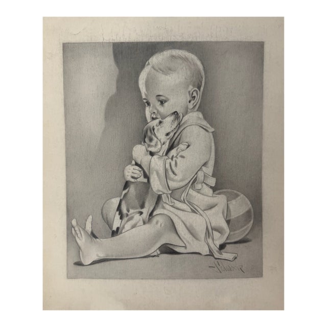1940s Original Signed Graphite Illustration of Baby Hugging Puppy, 12 I× 10 In. For Sale