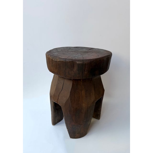 Mid-Century Modern Pair of massive wood brutalist artisanal handmade sculpted mushroom stools or side end low coffee...