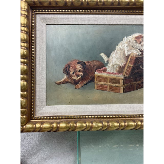 American Antique Oil Painting on Board of Playful Pups in Nice Gold Gilt Frame For Sale - Image 3 of 9