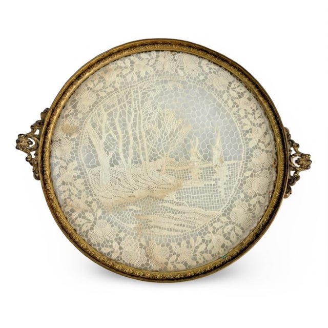 1910s Antique Apollo Silver Co. Gilt Brass Vanity Tray With Lace Under Glass For Sale - Image 5 of 13