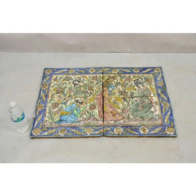 Antique Persian Iznik Qajar Style Ceramic Pottery Tile Mosaic Woman & Servant C7. Item features original crackle glazed...