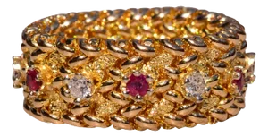 The Tangorin: Ladies 14K Flexible Basket Woven Eternity Band with Rubies and Diamonds