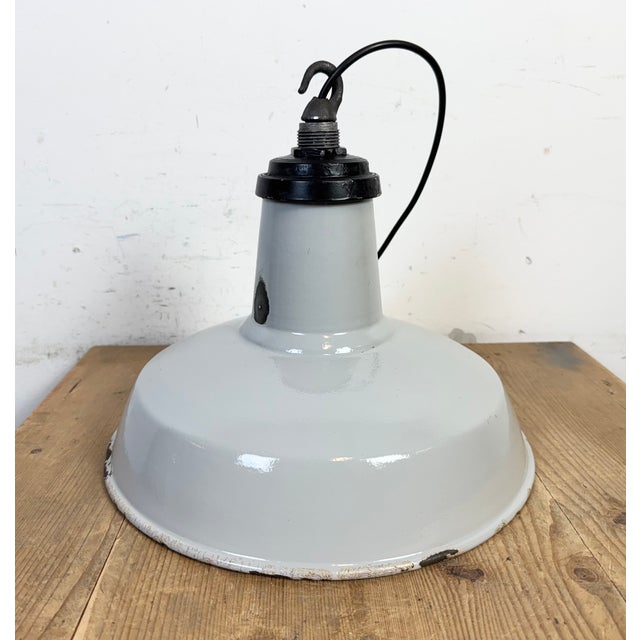 Industrial Grey Enamel Factory Pendant Lamp, 1960s For Sale - Image 11 of 17