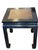 Pair of Chinoiserie-style end tables featuring dark black-lacquered wood frames, square tops with woven rattan inset...