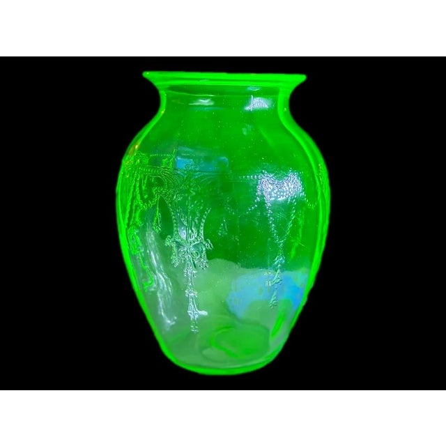 Rare Anchor Hocking Cameo, also known as Ballerina or Dancing Girl, green uranium glass vase dating to the 1930s. The...