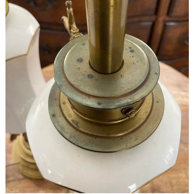 Vintage Stiffel Creamy White Ceramic and Brass Plume Buffet or Table Lamps, a Pair For Sale - Image 9 of 12