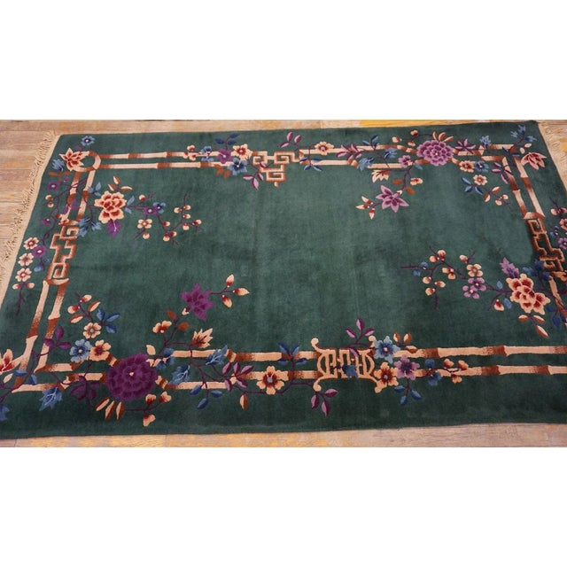 Art Deco 1920s Green Bamboo Floral Antique Chinese Art Deco Rug 4'2" X 7' Knotted Wool Carpet For Sale - Image 3 of 15
