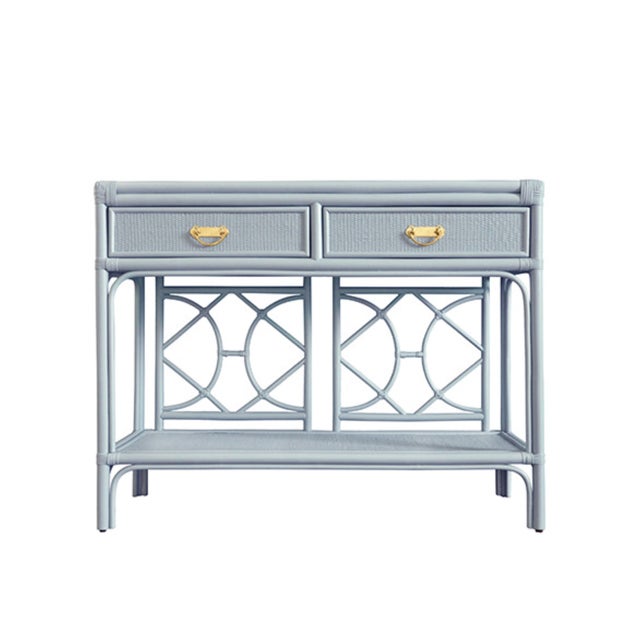 Matthew Izzo Home Gideon Light Blue Painted Rattan Two Drawer Console With Decorative Back and Polished Brass Hardware For Sale - Image 10 of 10