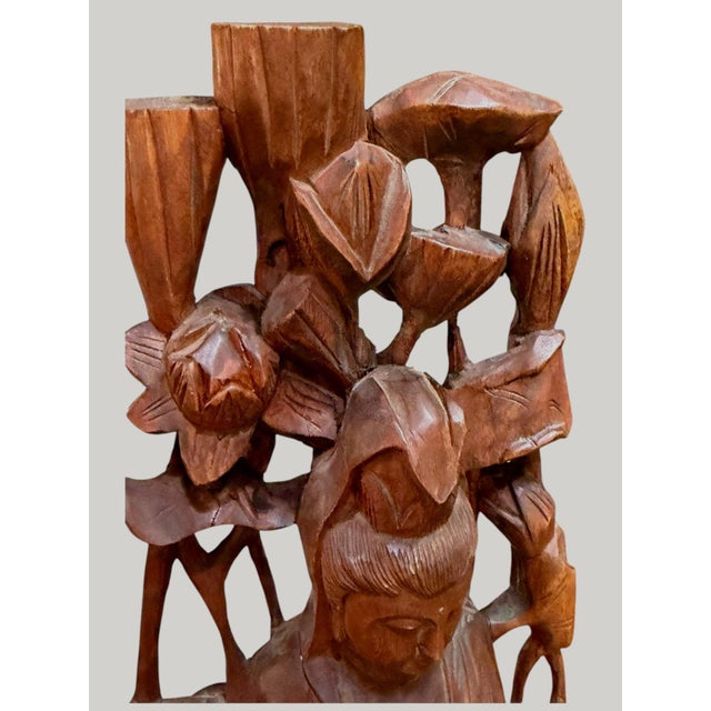 Brown Vintage Chinese Carved Wood Guanyin Kuan Yin Lotus Birds Sculpture 23.75" For Sale - Image 8 of 15