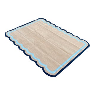 Handmade Cotton Vegetable Dyed Scalloped Rug Muddy Beige, Sky and Navy Blue Border - 10'x14' For Sale
