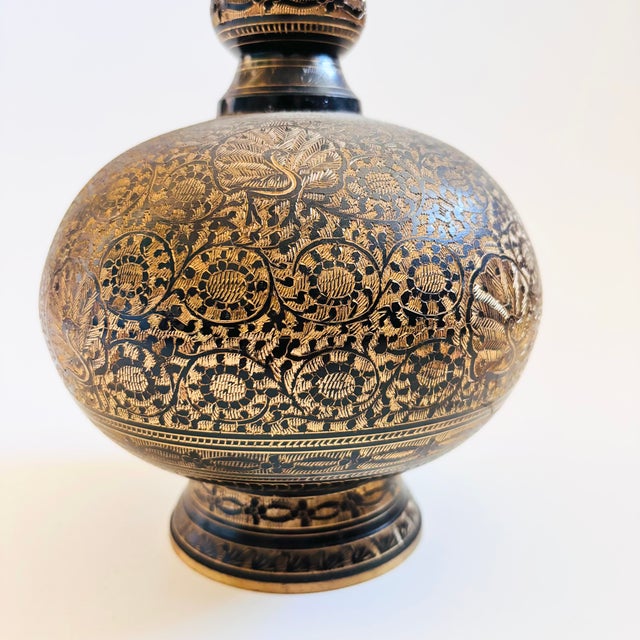 Late 20th Century Large 8" Etched Brass Vase With Peacock Design For Sale - Image 5 of 10