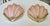 Pair of Deco clam shell shaped pink frosted glass shades with brass seashell motif backplates wall sconces. Each takes one...