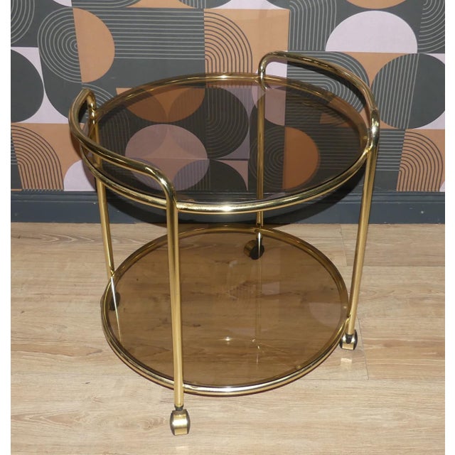 Mid-Century Modern Round Gilt Chrome-Plated and Smoked Glass Serving Trolley, 1970s For Sale - Image 3 of 7