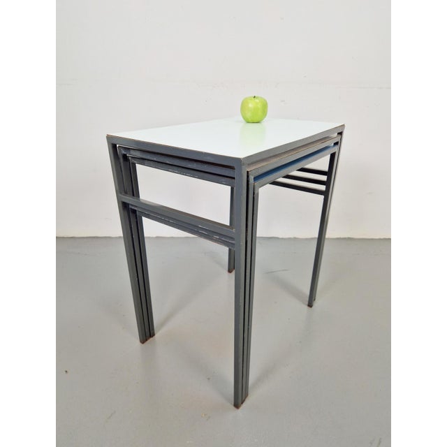 Blue Vintage Mimi Nesting Tables in Metal and Teak by Formica, 1960s, Set of 3 For Sale - Image 8 of 11