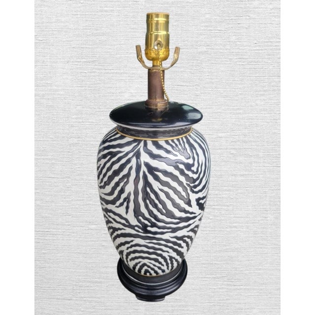 Traditional Vintage Ceramic Zebra Striped Black White Regency Table Lamps- A Pair For Sale - Image 3 of 8