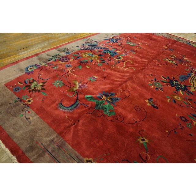 1920s Red Floral Antique Chinese Art Deco Carpet 9' X 13'9" Knotted Wool Rug For Sale - Image 4 of 8
