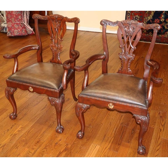 Chippendale Pair of Theodore Alexander Althorp Chippendale Style Leather Seat Arm Chairs For Sale - Image 3 of 14
