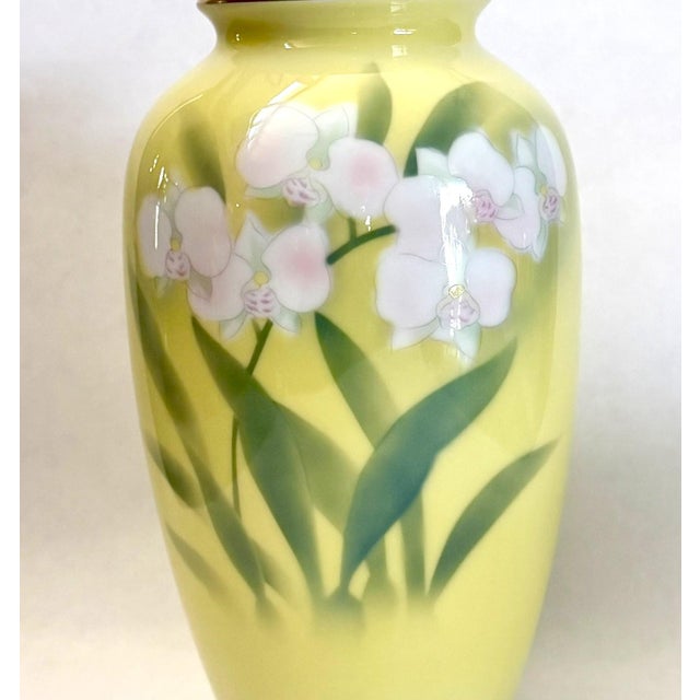 Japanese Fukugawa Seiji Arita Ware Yellow Vase With Phalaenopsis For Sale - Image 3 of 16