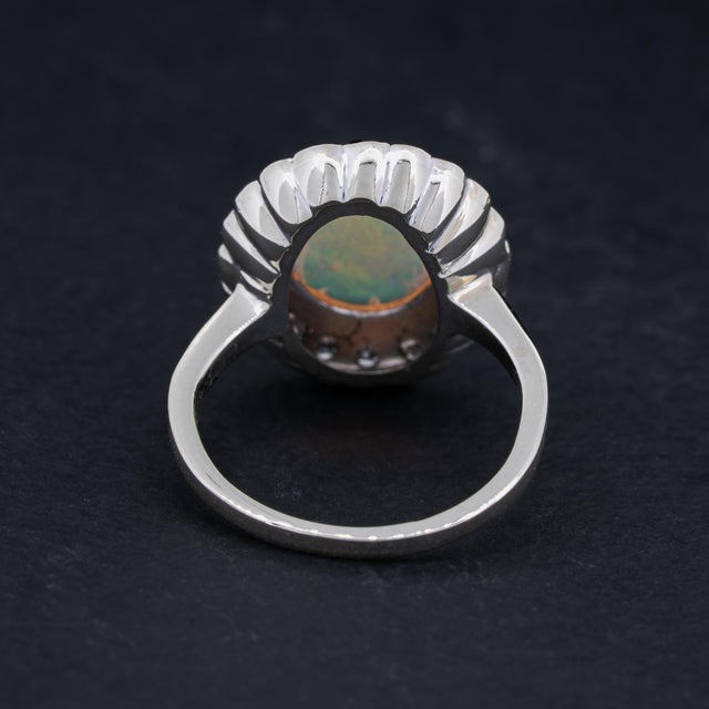 Vintage Australian Opal Diamond Halo Ring 14k White Gold Circa 1910 Size 5.25 For Sale - Image 9 of 11