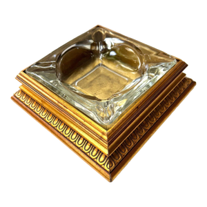 Vintage Glass Ashtray With Gilt Wood Base – Hollywood Regency Catchall or Bar Cart Accent