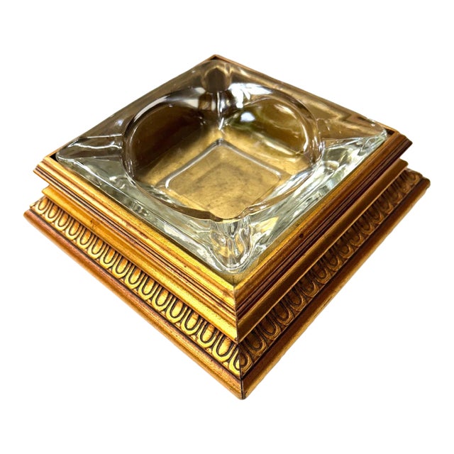 Vintage Glass Tobacco Ashtray MCM Gilded Gold Leaf Base Box Executive Desk For Sale