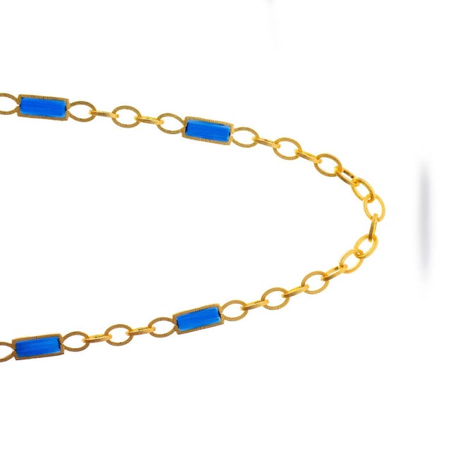 Contemporary Versatile Glow Blue Cat Eye Gold Long Necklace For Sale - Image 3 of 9