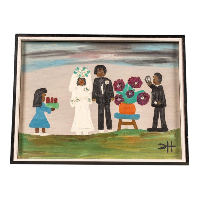 "Wedding" | C. 1960s Clementine Hunter Oil on Board Painting, Signed For Sale
