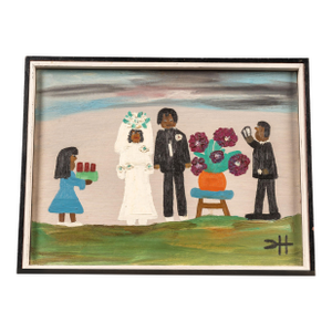 "Wedding" | C. 1960s Clementine Hunter Oil on Board Painting, Signed