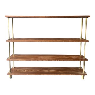 1970s Modernist Wood and Brass Book Four Shelf Unit. For Sale