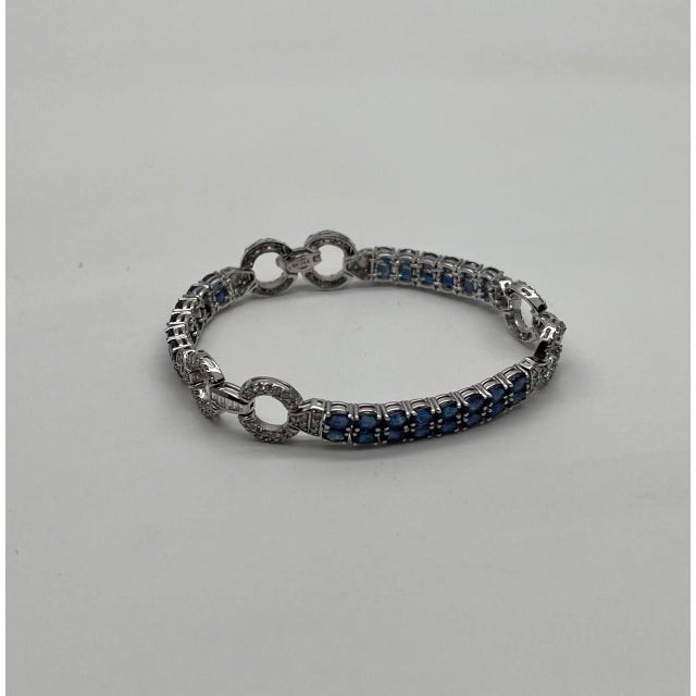Blue Blue Sapphire Tennis Line Diamond Pave Statement Unique 14k White Gold Bracelet For Sale - Image 8 of 12