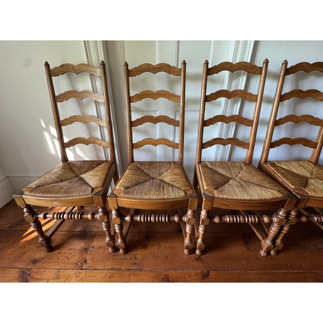 Set of 6 French Country Style Oak Ladder-Back Dining Chairs With Rush Seats For Sale In New York - Image 6 of 9